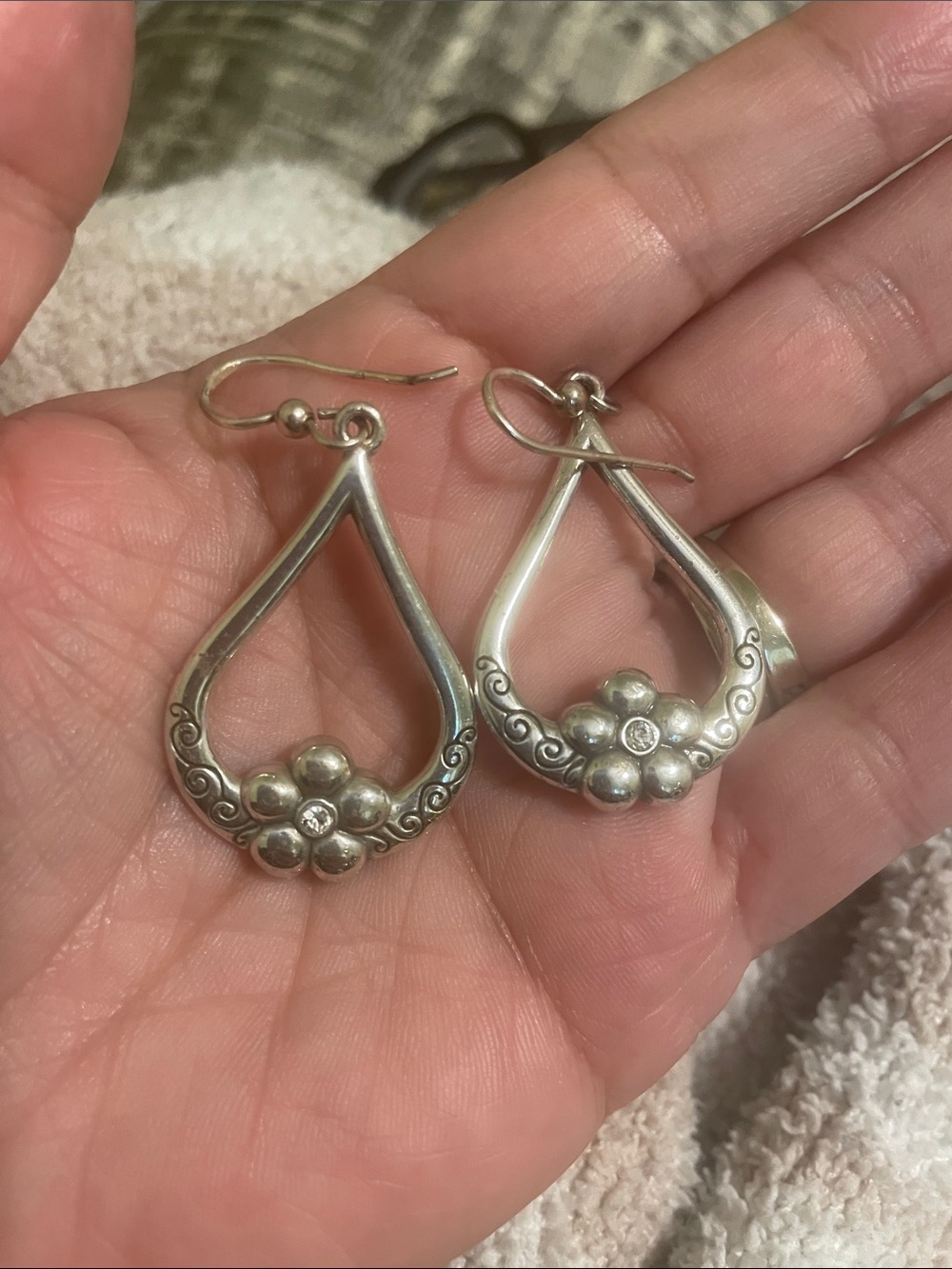 Silver Floral Teardrop Earrings - Silver
